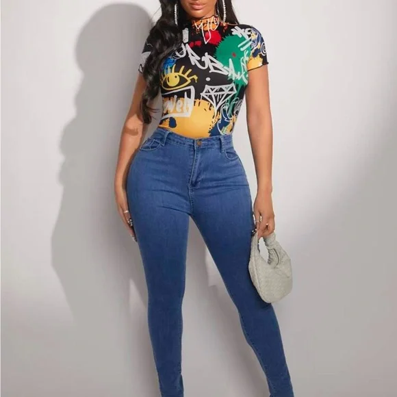 Shein Colorful Graffiti Print Bodysuit NWT - Picture 2 of 5